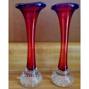 2 Vintage Asedea Sweden Vibrant Red Dog Bone Art Glass Vases.